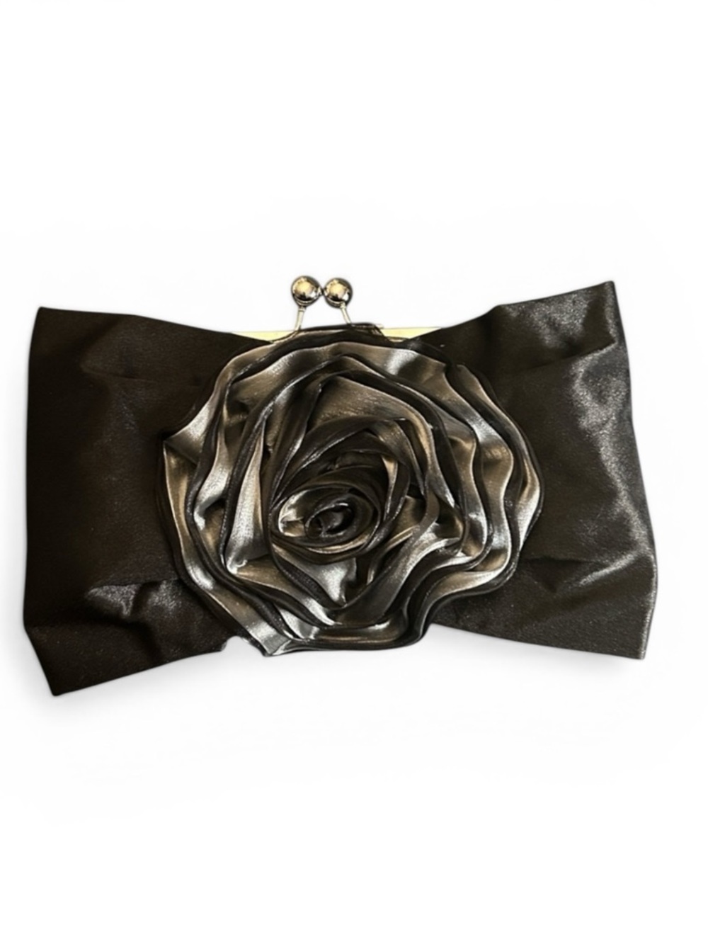 Black Satin Evening Bag with Gray Satine Fabric Flower and Chain - Picture 1 of 6
